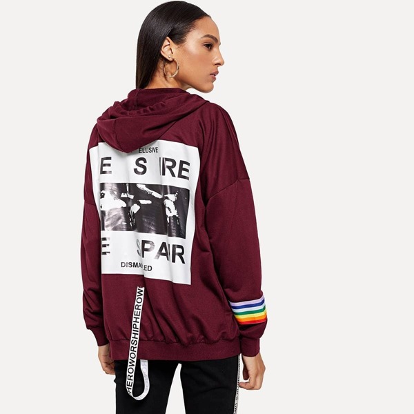 

Letter Print Hooded Jacket, Burgundy