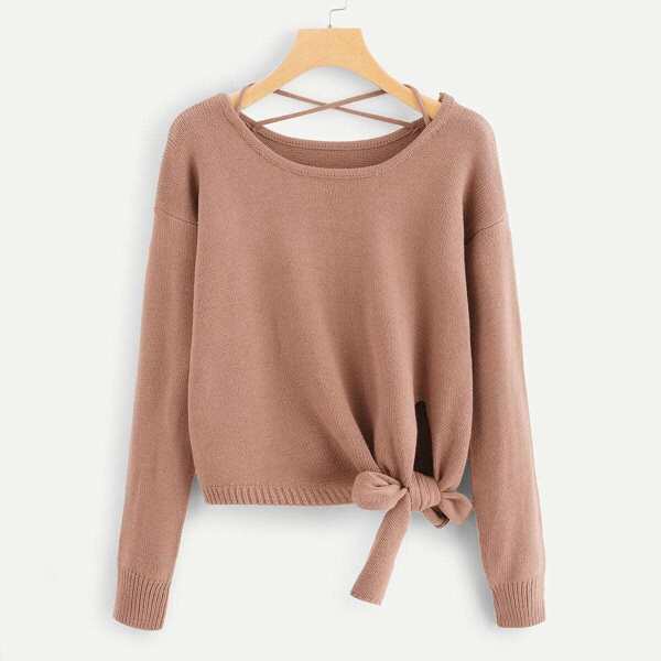 

Knot Side Criss Cross Back Sweater, Dusty pink