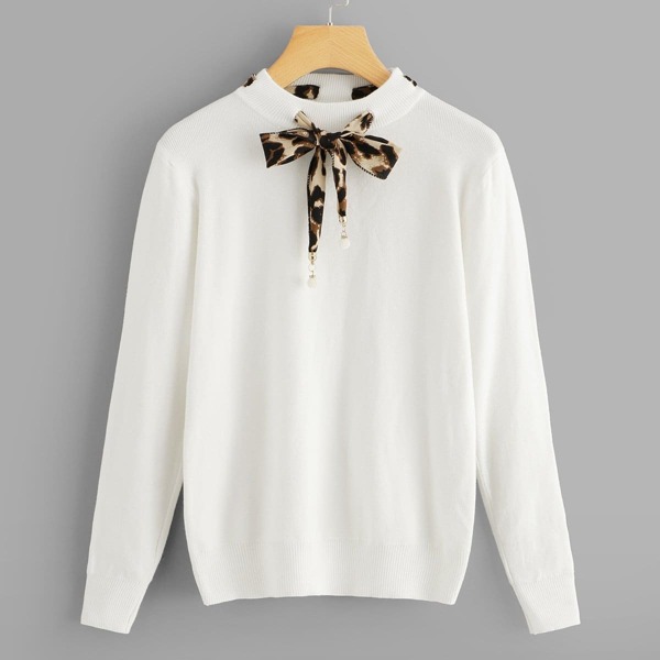 

Tie Neck Leopard Print Sweater, White
