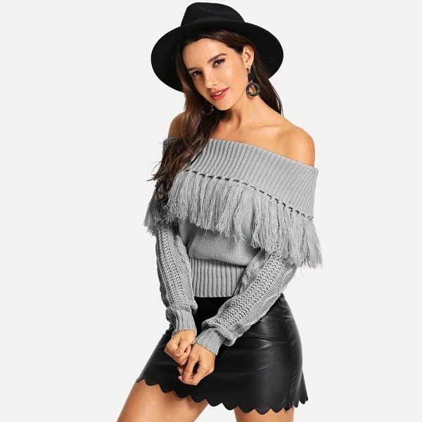 

Off Shoulder Fringe Sweater, Grey