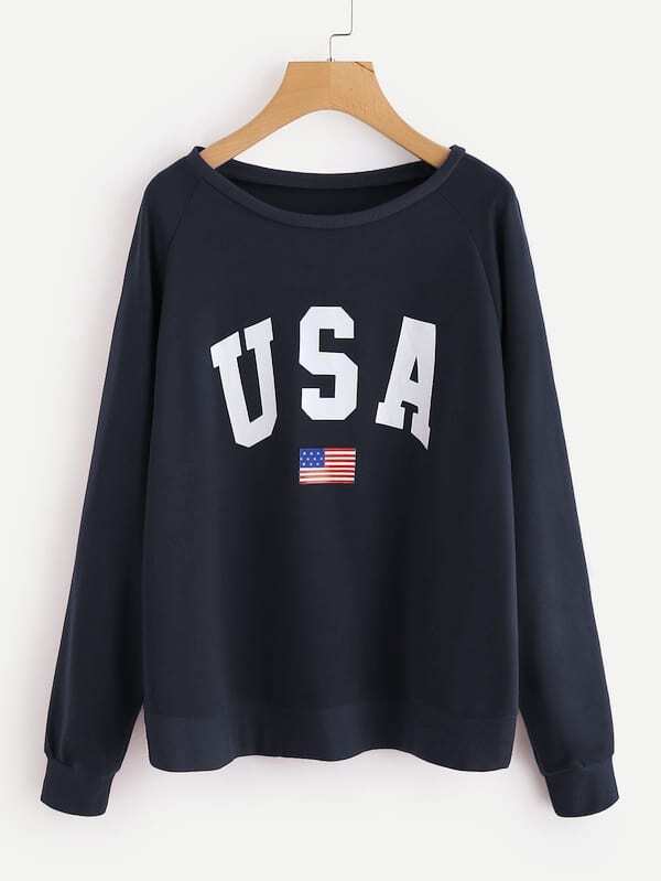

Raglan Sleeve Letter & American Flag Print Sweatshirt, Navy