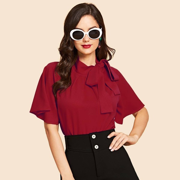 

Flutter Sleeve Tie Neck Blouse