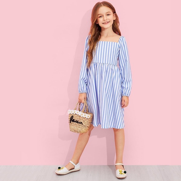 

Girls Square Neck Striped Print Flare Dress