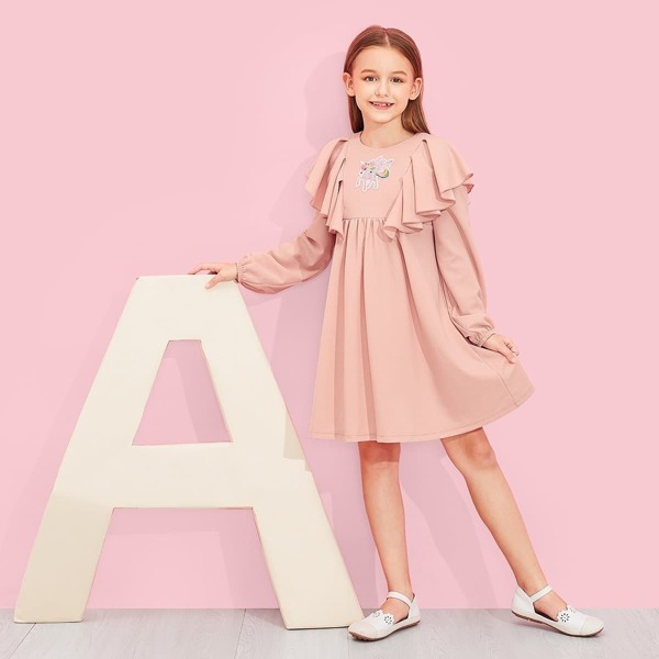 Girls Keyhole Back Ruffle Trim Patched Detail Dress