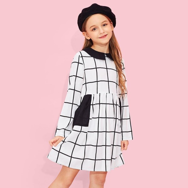 

Girls Zip Back Pocket Front Grid Dress, Black and white