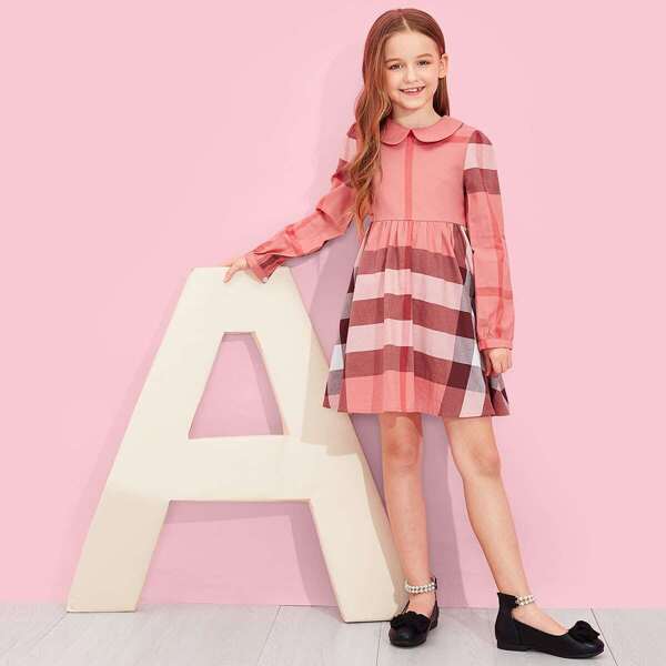 

Girls Zip Back Plaid Flare Dress