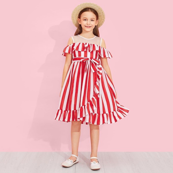 

Girls Mesh Insert Ruffle Hem Belted Dress