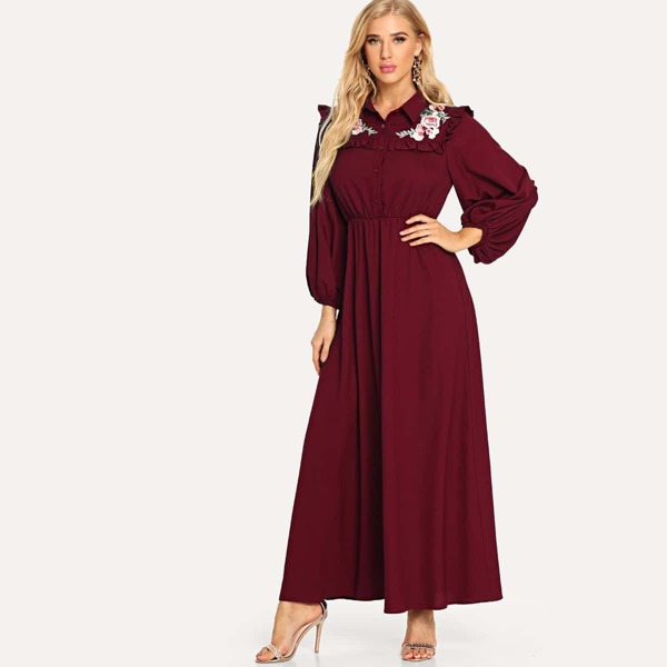 

Embroidered Floral Frill Seam Maxi Shirt Dress, Burgundy