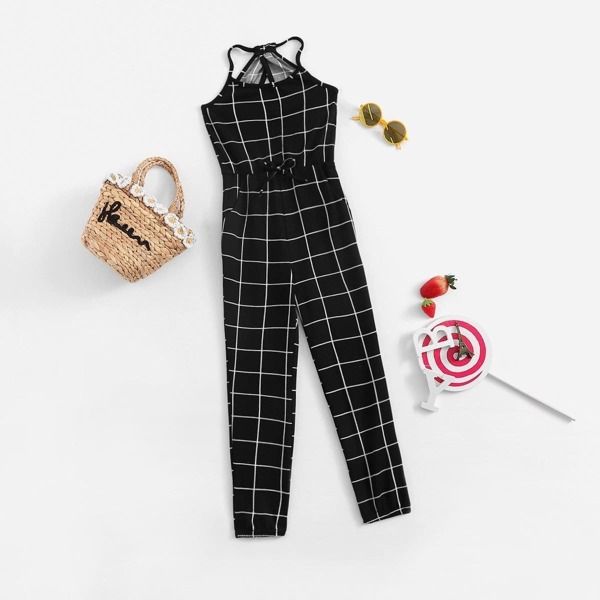 

Girls Drawstring Waist Grid Jumpsuit, Black and white