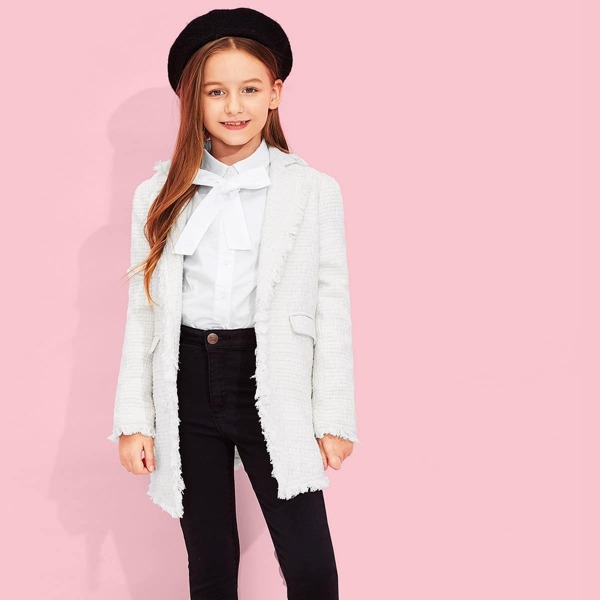 

Girls Button & Pocket Front Notched Neck Coat, White