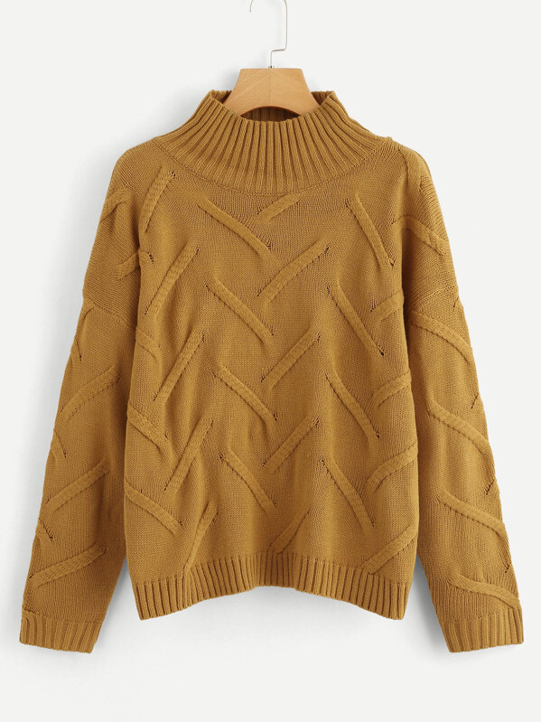 

Plus Mixed Knit Solid Sweater, Brown