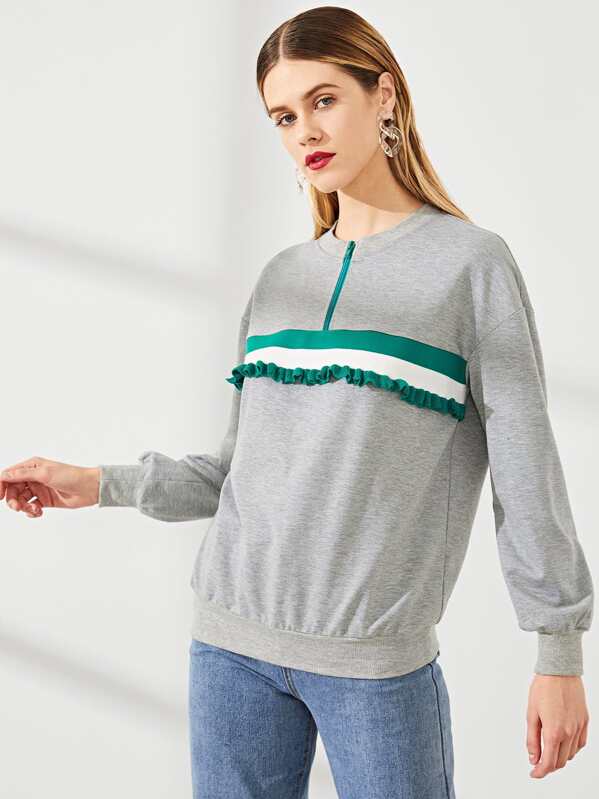 

Zip Half Placket Frill Detail Sweatshirt, Grey, Victoriab