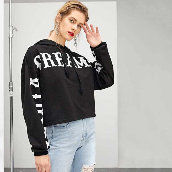 

Letter Print Drawstring Hoodie, Black