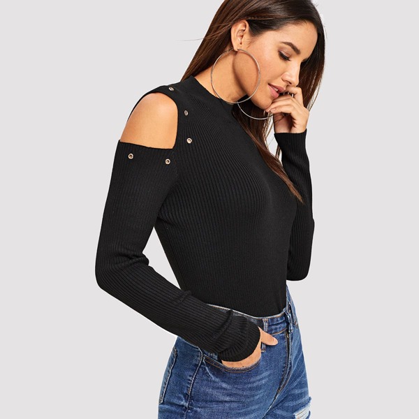 

Cut Out Sleeve Ribbed Knit Sweater