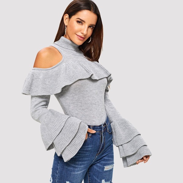 

Tiered Ruffle Sleeve Slim Fitted Sweater