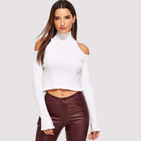 

Open Shoulder Frilled Trim Sweater, White