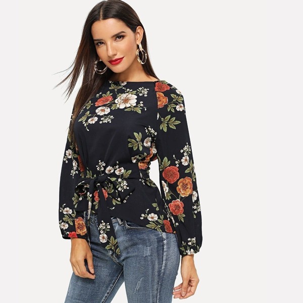 

Tie Waist Floral Blouse, Navy