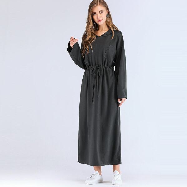 

Drawstring Waist Split Side Longline Hooded Dress, Black