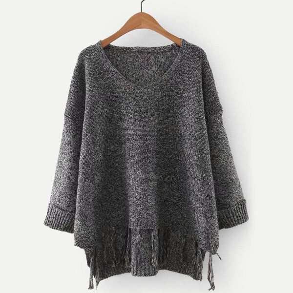 

High Low Fringe Hem Marled Knit Jumper