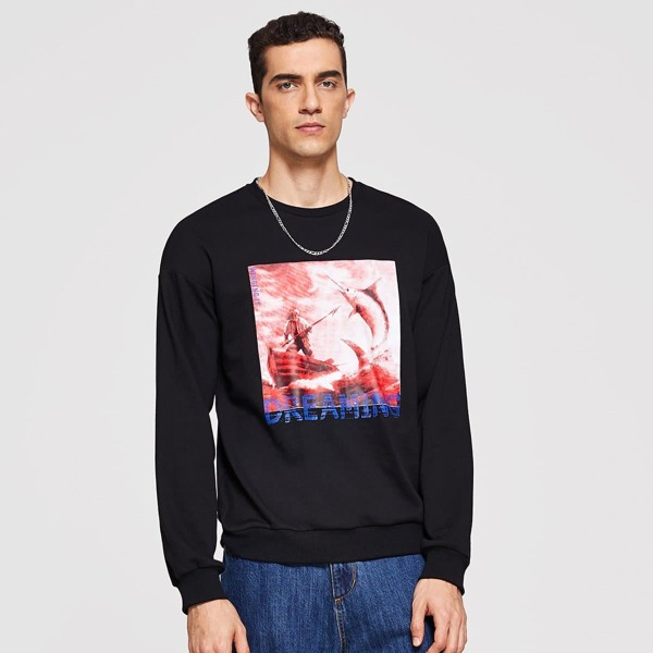 

Men Crew Neck Mixed Print Pullover, Black