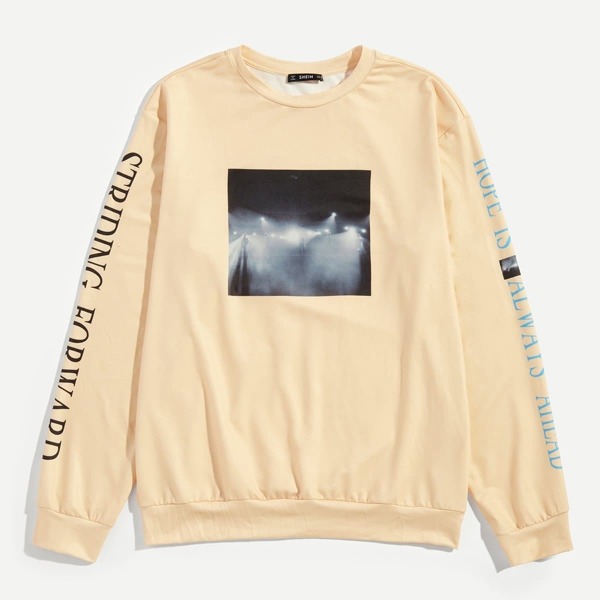 

Men Crew Neck Letter and Figure Pullover, Beige