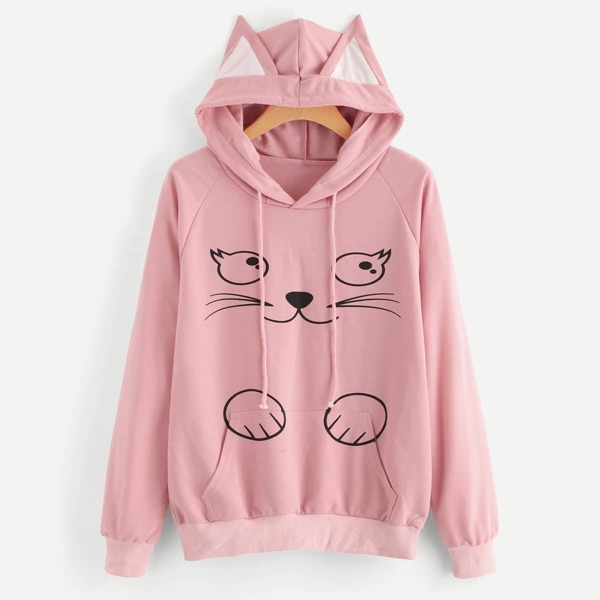 

Contrast Cat Ear Cartoon Graphic Hoodie, Pink