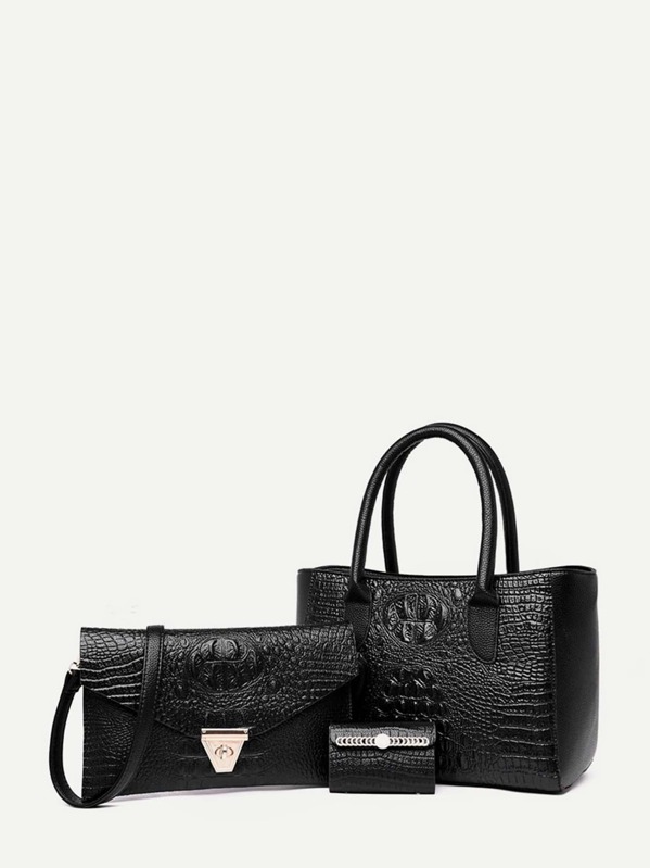 

Croc Embossed Bag Set 3pcs, Black
