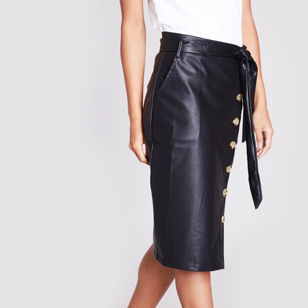 

Slant Pocket Buttoned Belted Leather Look Skirt