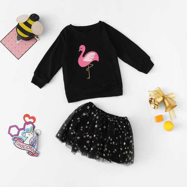 

Toddler Girls Flamingo Print Top With Mesh Skirt, Black