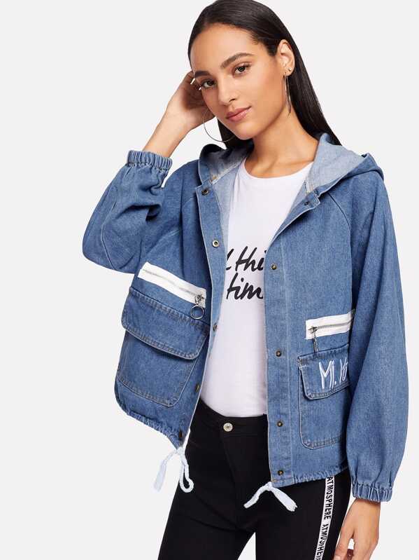 

Letter Embroidered Zip Detail Hooded Jacket, Blue, Kary