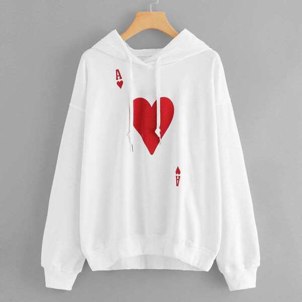 

Plus Heart Print Drawstring Hooded Sweatshirt, White