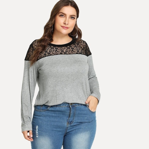 

Plus Contrast Lace Tee, Grey