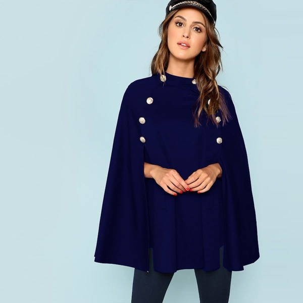 

Double Button Mock Poncho Coat, Navy
