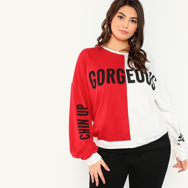 

Plus Color-block Letter Print Pullover