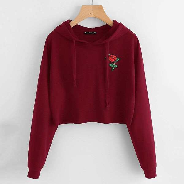 

Embroidered Rose Patch Raw Hem Hoodie