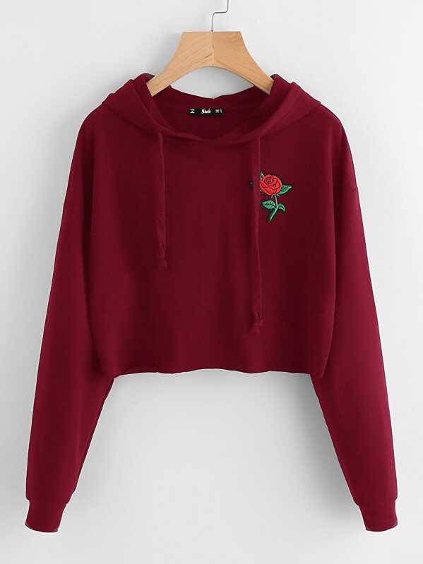 

Embroidered Rose Patch Raw Hem Hoodie, Burgundy