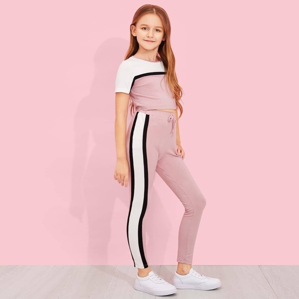 

Girls Cut and Sew Top & Drawstring Waist Pants Set, Pink