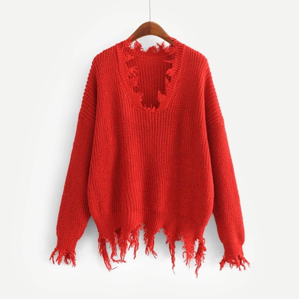 

Frayed Edge Drop Shoulder Sweater, Red