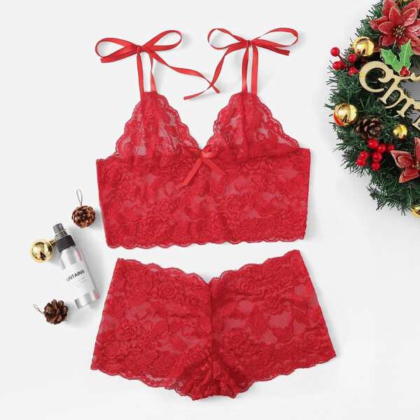 

Scalloped Trim Floral Lace Longline Lingerie Set, Red bright