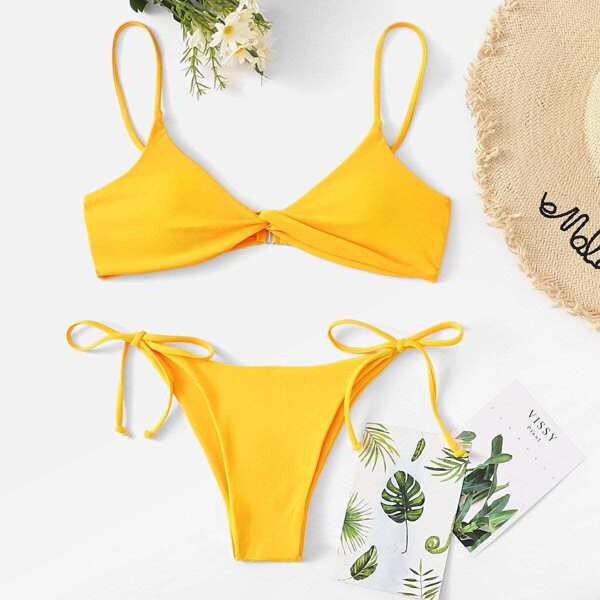 

Twist Top With Self Tie Side Bikini Set, Yellow bright