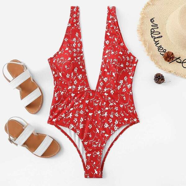 

Deep-V Calico Print One Piece Swimsuit, Red