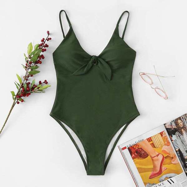 

Thin Strap Knot Front One Piece Swimsuit