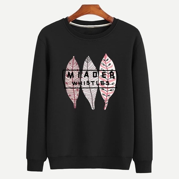

Men Crew Neck Letter And Leaf Sweatshirt, Black