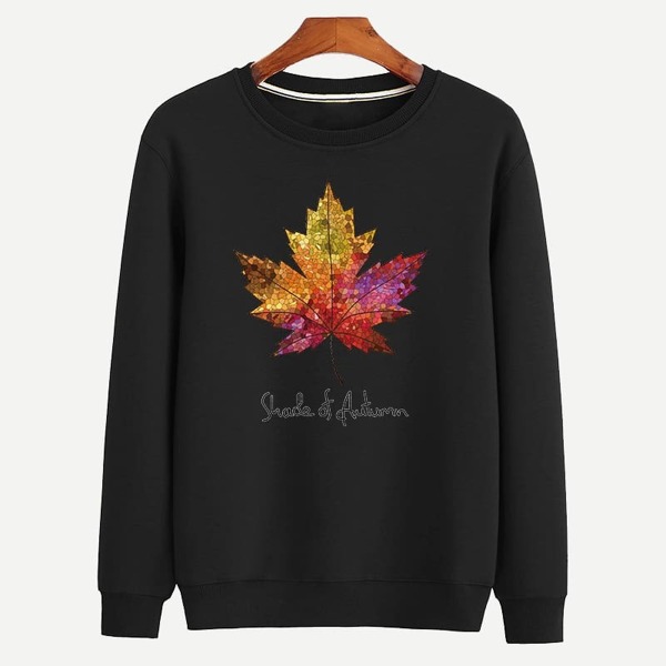 

Men Crew Neck Letter And Leaf Sweatshirt, Black