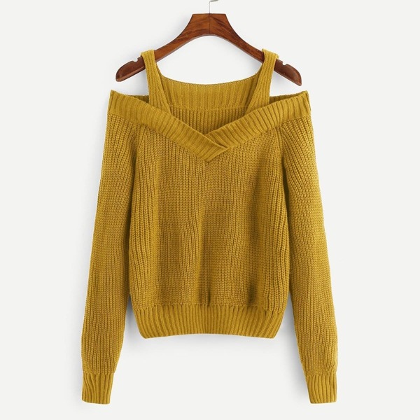 

Cold Shoulder Solid Sweater, Yellow