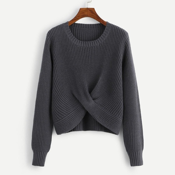 

Twist Hem Solid Sweater, Grey