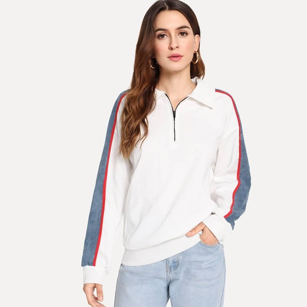 

Quarter Zip Collar Corduroy Sweatshirt, White
