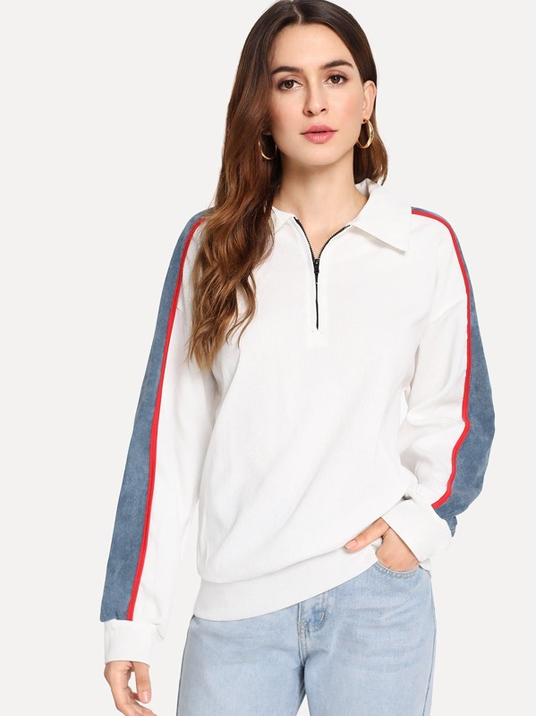 

Quarter Zip Collar Corduroy Sweatshirt, White, Jana
