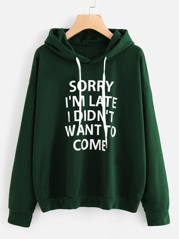 

Slogan Graphic Drop Shoulder Hoodie, Green
