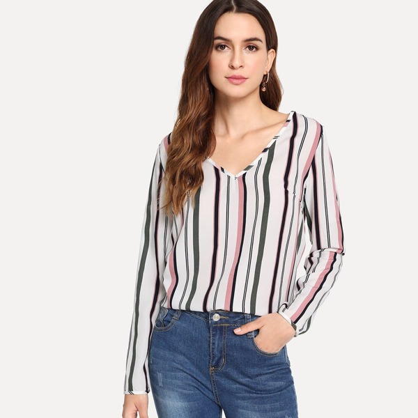 

V Neck Striped Print Top